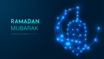 Digital Ramadan Mubarak Greeting Card with Glowing Crescent Moon and Star in Futuristic Low Poly Design on Dark Blue Background for Islamic Festivities