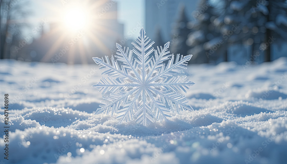 Poster a delicate snowflake rests on a blanket of pristine snow in a winter setting. sunlight filters throu