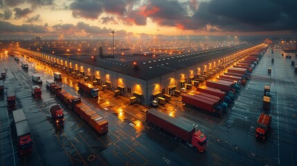 A logistics hub with trucks being loaded and unloaded at multiple docks