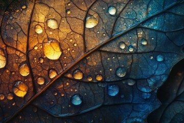 Fototapeta premium Close-up of a leaf with water droplets highlighting intricate textures and colors at twilight