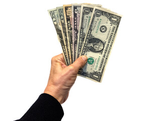 Hand holding money against a white background.