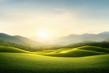 Fototapeta premium Serene sunrise over rolling green hills and distant mountains near a tranquil valley
