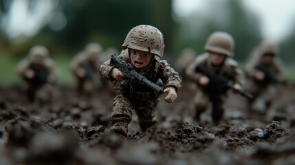 Toy soldiers advance; muddy field background; war game