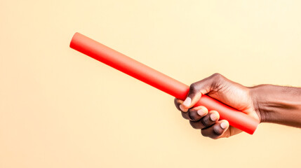 Hand passing red baton, representing collaborative teamwork, synergy between teammates during relay race, emphasizing collective achievement