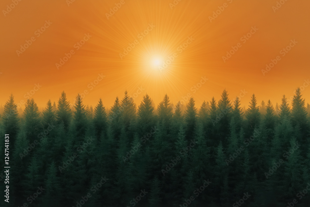 Poster sunlight filters through a forest at dusk, creating a tranquil and serene atmosphere