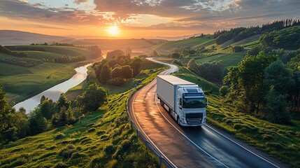 A delivery truck navigating a winding road through a picturesque countryside