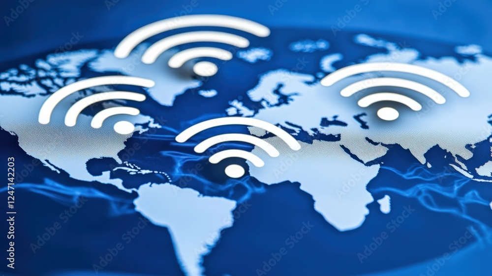 Poster global connectivity wireless technology and internet access across continents digital communication 