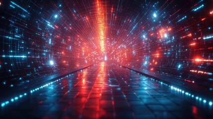 Obraz premium A vibrant digital tunnel with glowing blue and red lights, suggesting a futuristic environment.