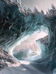 A breathtaking landscape of a winter wonderland with frozen trees and crystalline ice formations.
