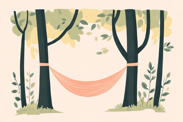 Relaxing in a hammock between two trees in a peaceful forest setting with lush greenery