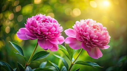 Fototapeta premium Pink Peonies Blooming, Deep Shadows, Lush Foliage, Copy Space