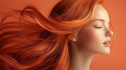 Naklejka premium Soft winds brush against the cascading strands of vibrant red hair, accentuating the model's serene expression