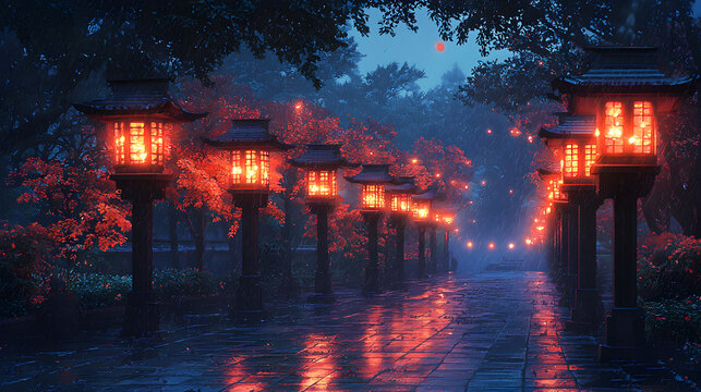 Serene Lanterns Illuminating Autumn Pathways: A Night Journey Through Foggy Gardens, Vibrant Trees, and Tranquil Foliage in Japan's Aesthetic Landscape