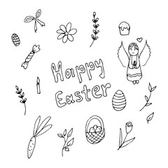 Hand-Drawn Happy Easter Doodle with Angel and Symbols