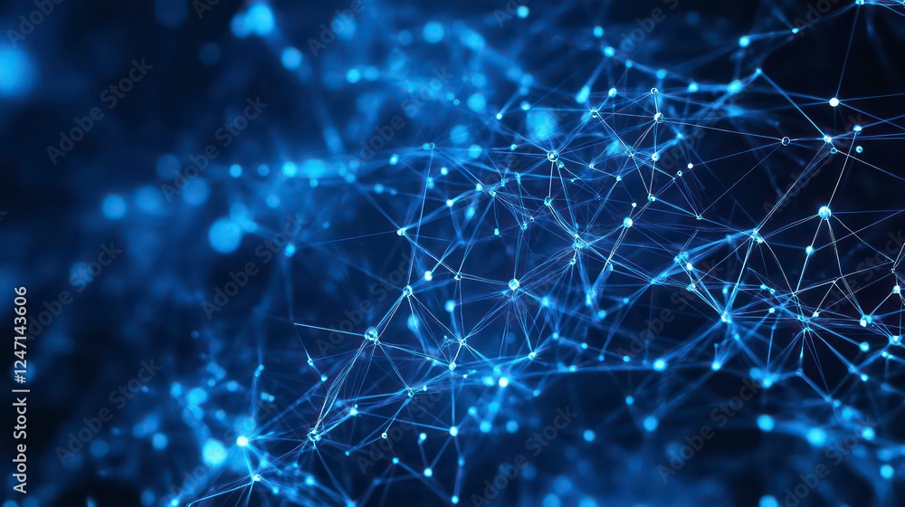 Poster abstract blue technology background with a cyber network grid and connected particles artificial neu