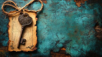 Antique key on aged map, rustic wood background, treasure hunt concept