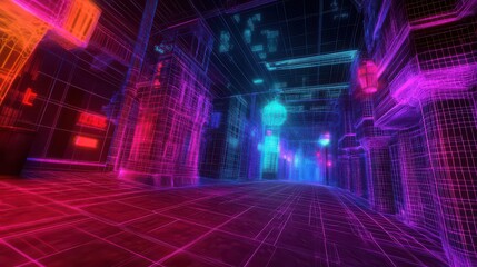 Fototapeta premium 3D wireframe cityscape with glowing neon details and digital texture effects.