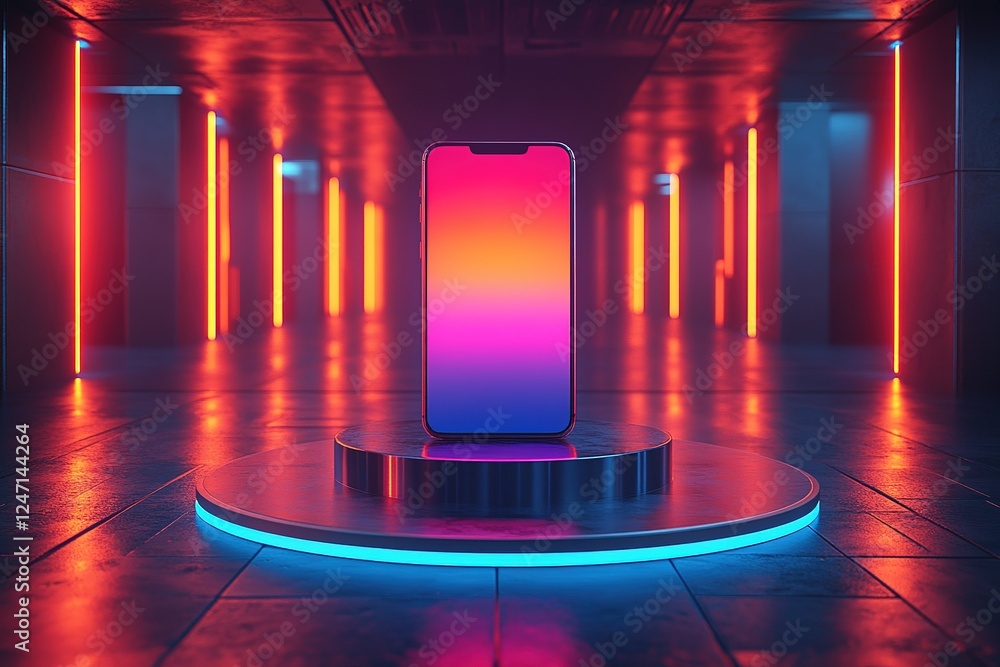 Poster smartphone presentation: futuristic display with a colorful screen amidst neon lights creating a vis