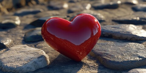 Obraz premium A red heart is sitting on a rocky surface. The heart is surrounded by rocks, and it is a symbol of love. Concept of warmth and affection, as the heart is a universally recognized symbol of love