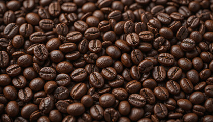 Fototapeta premium Rich brown coffee beans cover a wooden surface, showcasing their texture and shine. The cozy atmosphere highlights their inviting aroma and flavor, perfect for brewing