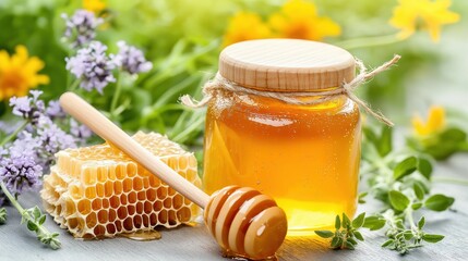 Golden honey jar with wooden dipper next to fresh herbs and vibrant flowers in a natural setting