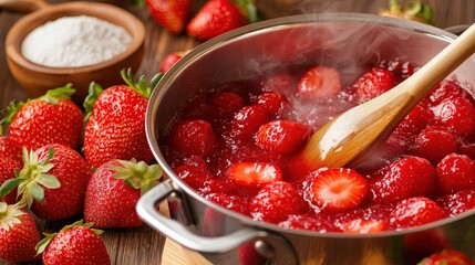 Fresh strawberries simmer in a pot for homemade jam preparation during a sunny afternoon