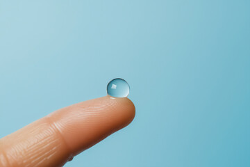 Delicate water droplet resting on a fingertip against a soft blue background