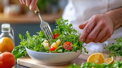Health expert prepares a fresh salad in a bright, modern kitchen while promoting healthy eating habits and nutrition awareness