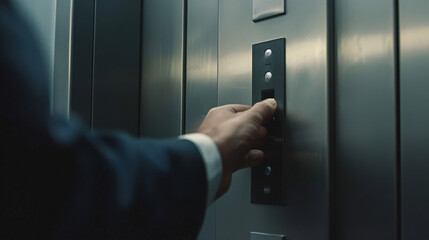 Naklejka premium Man pressing close door button in an elevator, close up, residential building, realistic.