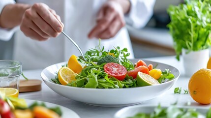 Health expert preparing a fresh salad in a modern kitchen filled with vibrant ingredients