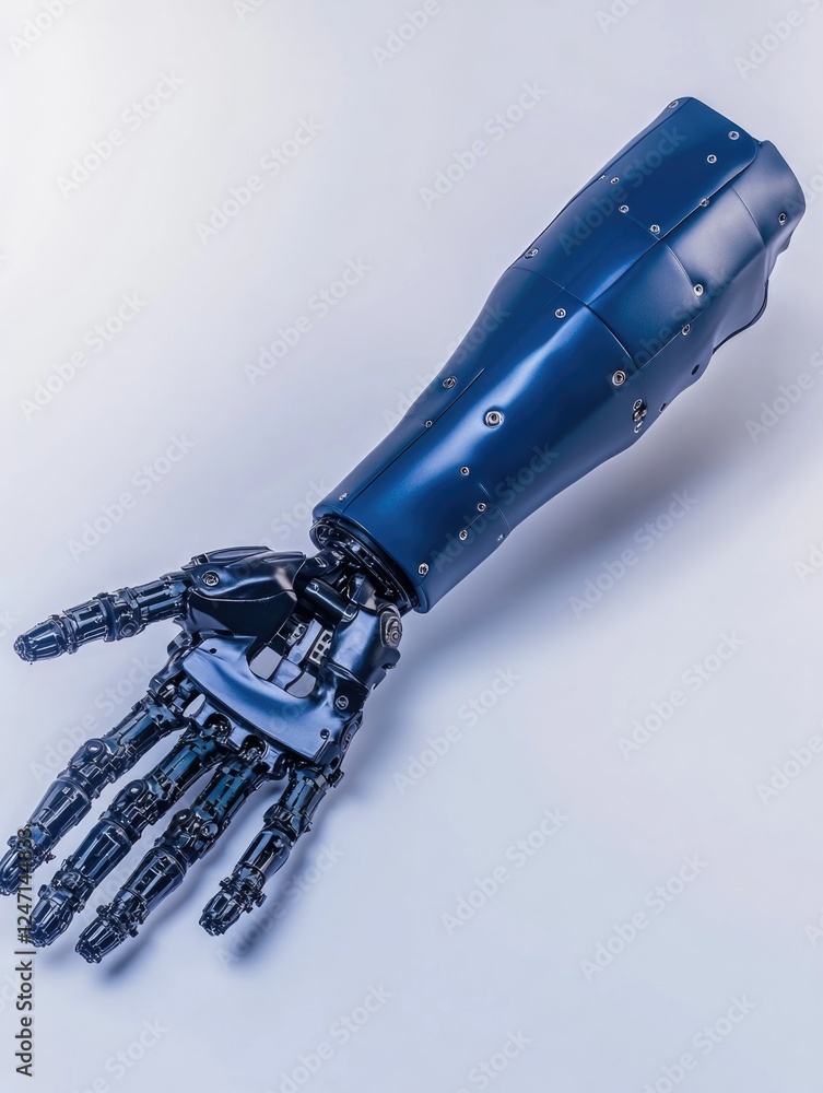 Poster an advanced robotic prosthetic arm with a futuristic design. this innovative device is designed to a