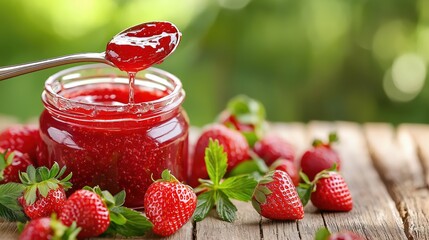 Fresh strawberries and homemade strawberry jam on rustic wooden table in natural light
