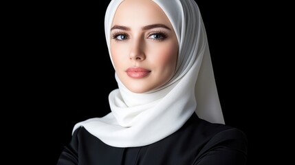 Naklejka premium Confident Muslim woman, white hijab, dark background, portrait