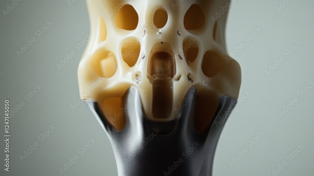 Poster close up of a detailed bone structure model showcasing intricate patterns and hollow cavities, empha