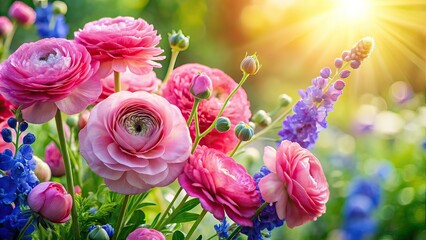 Obraz premium Pink Ranunculus & Delphinium Bouquet - Morning Garden