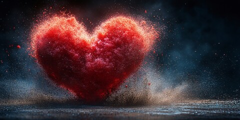 A red heart shaped cloud of particles with splash