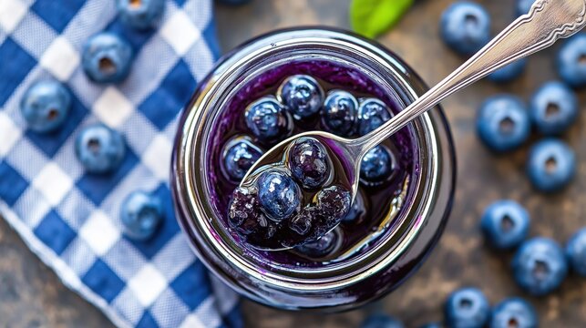 Open jar of blueberry jam with fresh blueberries and silver spoon on checkered cloth - Powered by Adobe