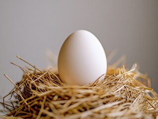 This is a photograph of an egg nestled in a bed of dry hay, emphasizing its natural environment and simplicity.