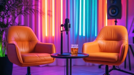 A modern podcast studio with two orange leather chairs, a microphone, and a glass of beer on a table in front of a colorful neon backdrop