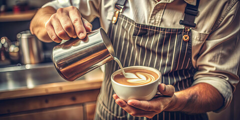 A barista in an apron expertly pours steamed milk into a cup, crafting intricate latte art. The warm atmosphere of the cafe enhances the experience