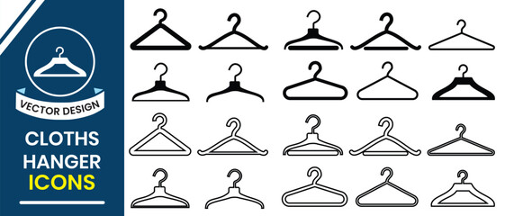 Fototapeta premium Hanger icon, vector set. Silhouette of Cloth hanger, coat or clothes rack, hook icon symbol vector isolated on white background. Wardrobe and household concept icon. Vector illustration.