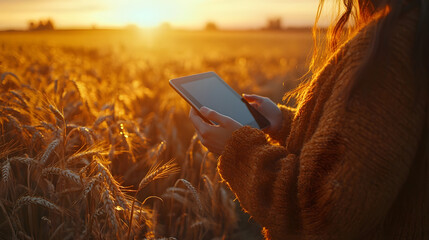 Female farmer analyzes data using tablet in wheat field. Generative AI.