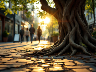 Obraz premium Urban serenity: sunlit tree with intricate roots on cobblestone street
