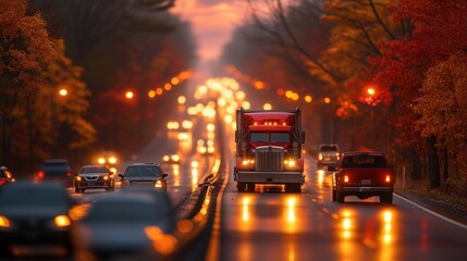 Fototapeta premium Autumn highway traffic, truck driving, sunset, fall foliage, road trip
