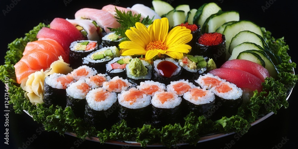 Poster a plate of assorted sushi with a yellow flower in the center. the sushi is arranged in a circle and 