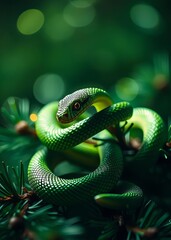 Fototapeta premium Wriggling green snake with pine sprigs and blurred light will create a festive design for christmas and new year cards bokeh green bokeh green abstract background light bright blur pattern