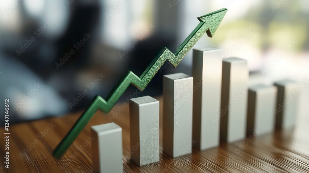 Poster 3d render of ascending bar graph with green up arrow - positive growth and progress concept
