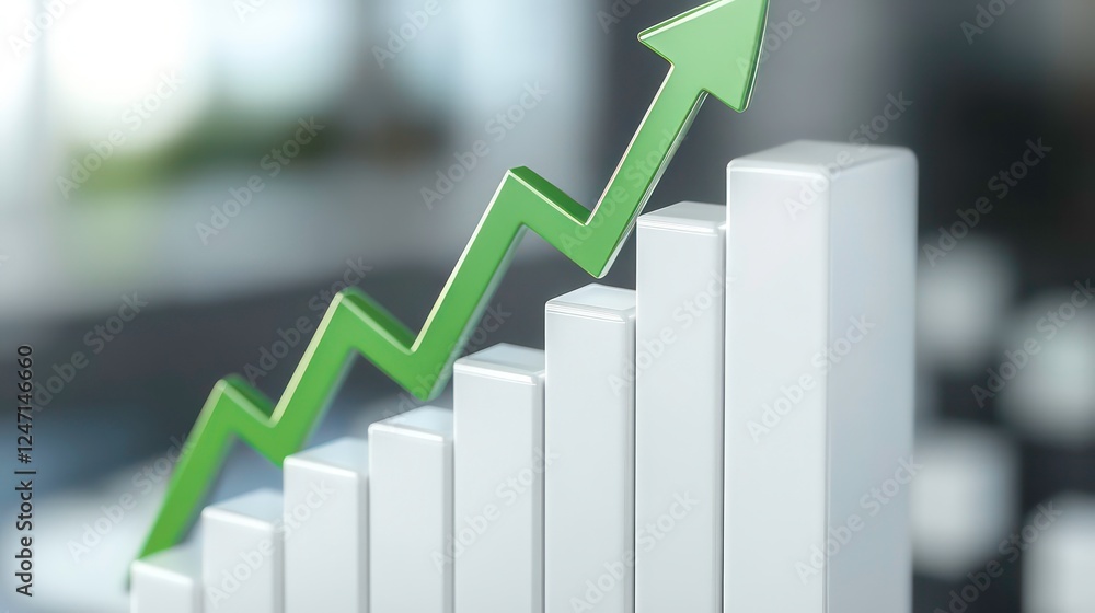 Poster 3d render of ascending bar graph with green up arrow - positive growth and progress concept