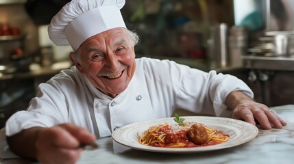 Master Chef plating up an exquisite dish in a restaurant, in white uniform