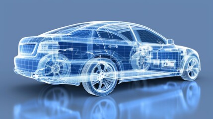 Futuristic digital wireframe car concept showcased against a vibrant blue background design